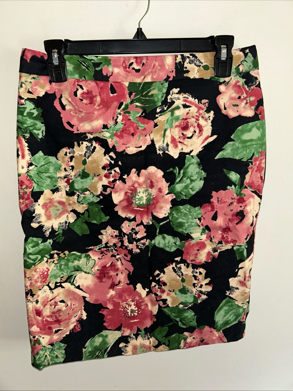 Talbots Black Floral A-Line Skirt with Pink and Green Bloom Print